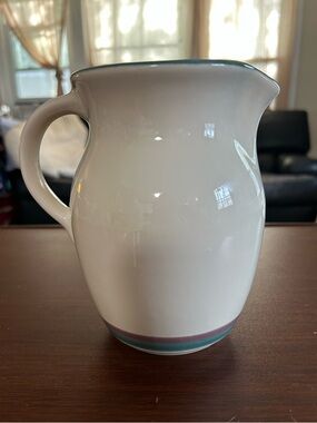 White Ceramic Pitcher with Teal and Mauve Accent